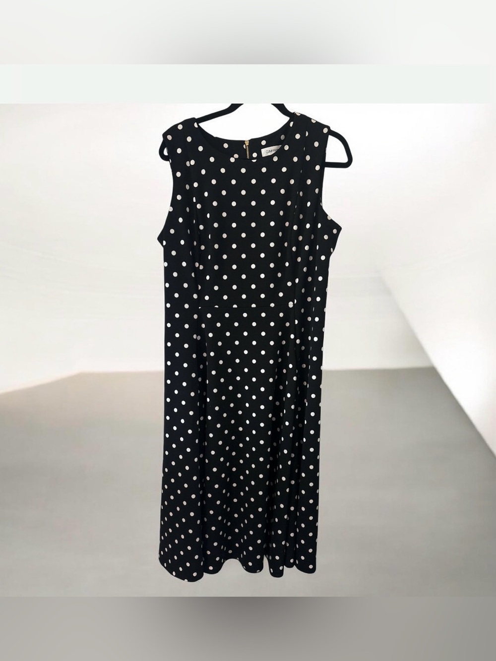 Calvin Klein Black with White Polka Dots Sleeveless Midi Dress